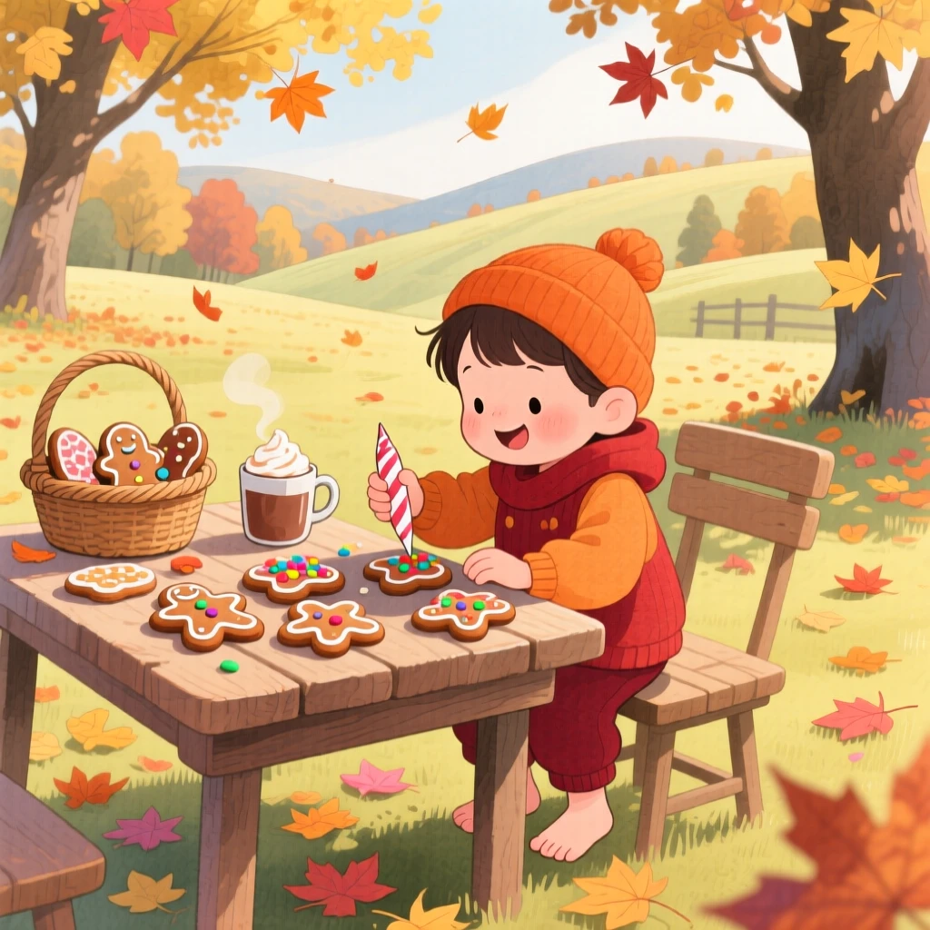 A barefoot child decorating gingerbread cookies at the kitchen table, in a park filled with autumn leaves, evoking a warm sense of nostalgia.
