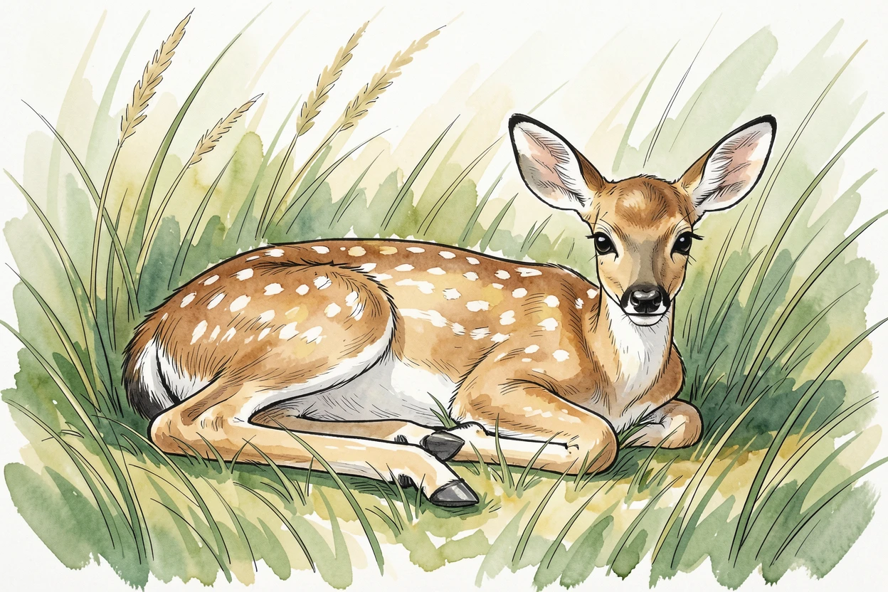 A young fawn resting quietly in tall grass, barely visible in the dappled light, their movements calm and unhurried in the quiet surroundings.