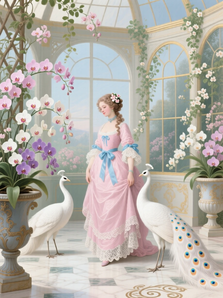 A lady standing in a conservatory surrounded by orchids and white peacocks  