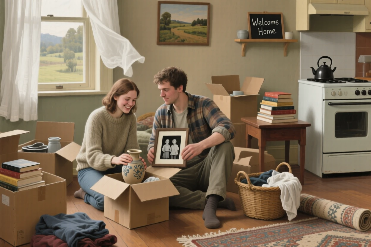 A young couple unpacking boxes in their first apartment together, surrounded by the comfortable clutter of everyday domestic life, radiating comfort, love, and togetherness