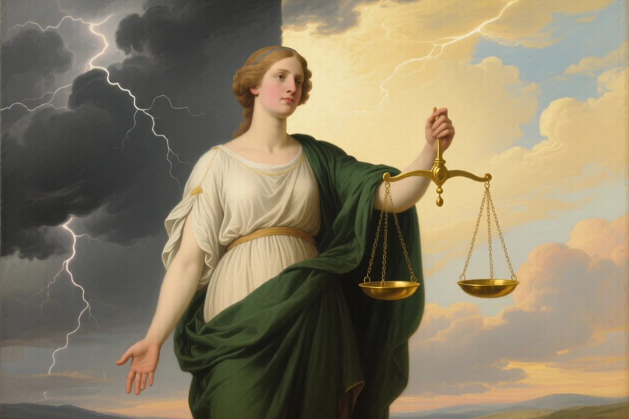 The personification of Justice balancing her scales beneath stormy skies as light and shadow embody opposing truths, set beneath a sky divided between storm and radiant light, with contrasting elements of darkness and radiance framing the scene; contrasting light and shadow divide the canvas into meaningful halves, radiating timeless wisdom and moral clarity.