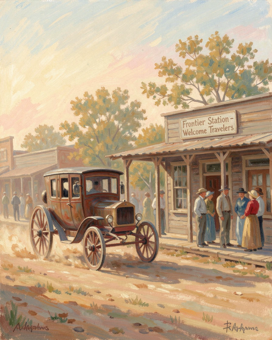 An old stagecoach arriving at a dusty frontier town station as townsfolk gather to watch.