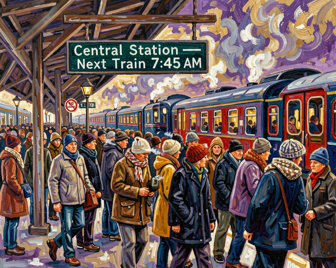 A crowded train platform at rush hour, commuters bundled against the cold.