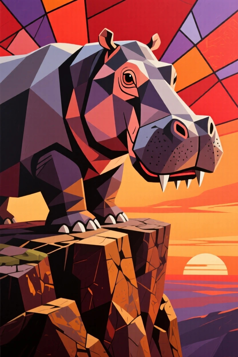 A striking view of a hippopotamus perched high on a rocky cliff at sunset beneath a dramatic sky.