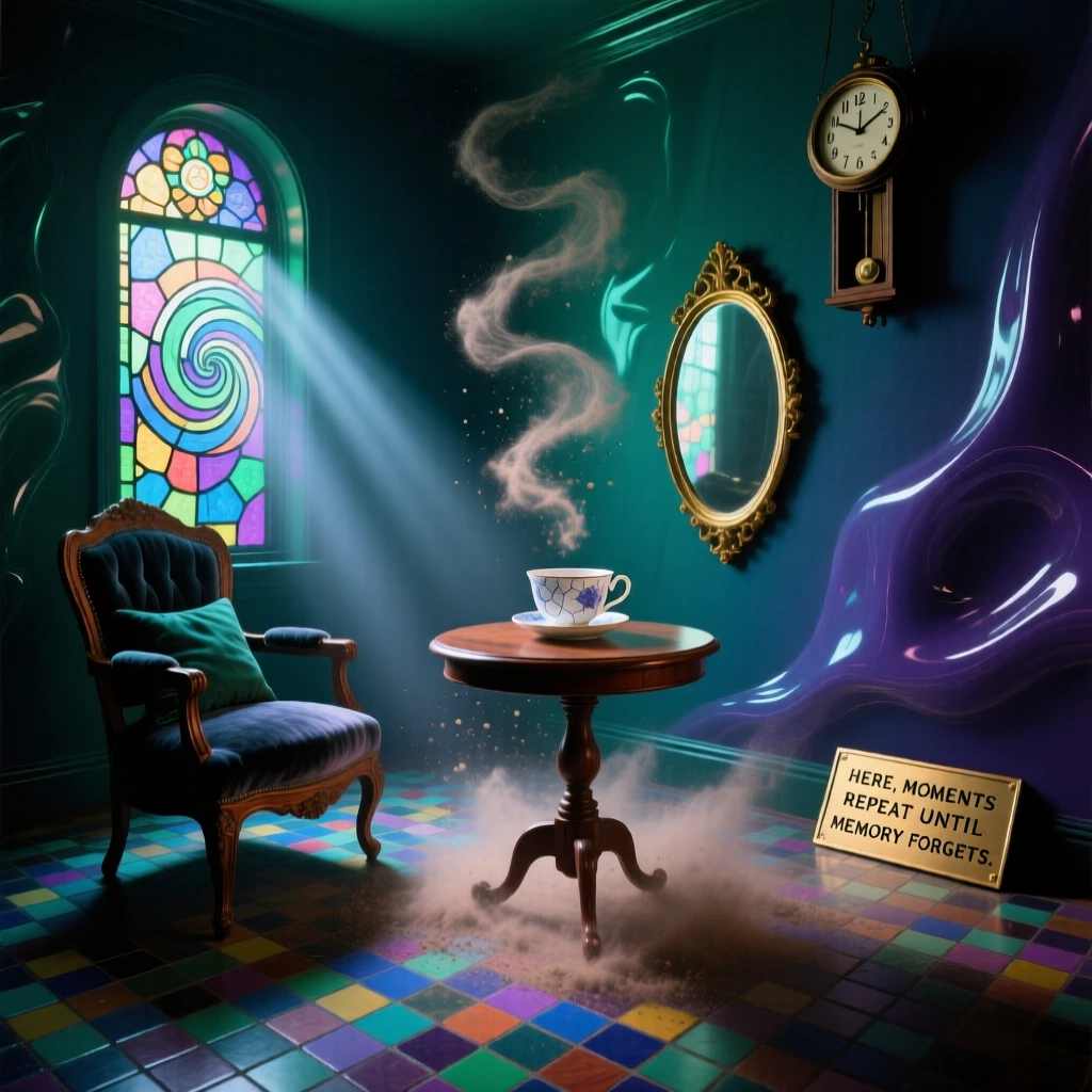 A room where furniture floats gently in slow, looping orbits hums with a strange, looping quality of time, while dust drifts upward instead of settling down.