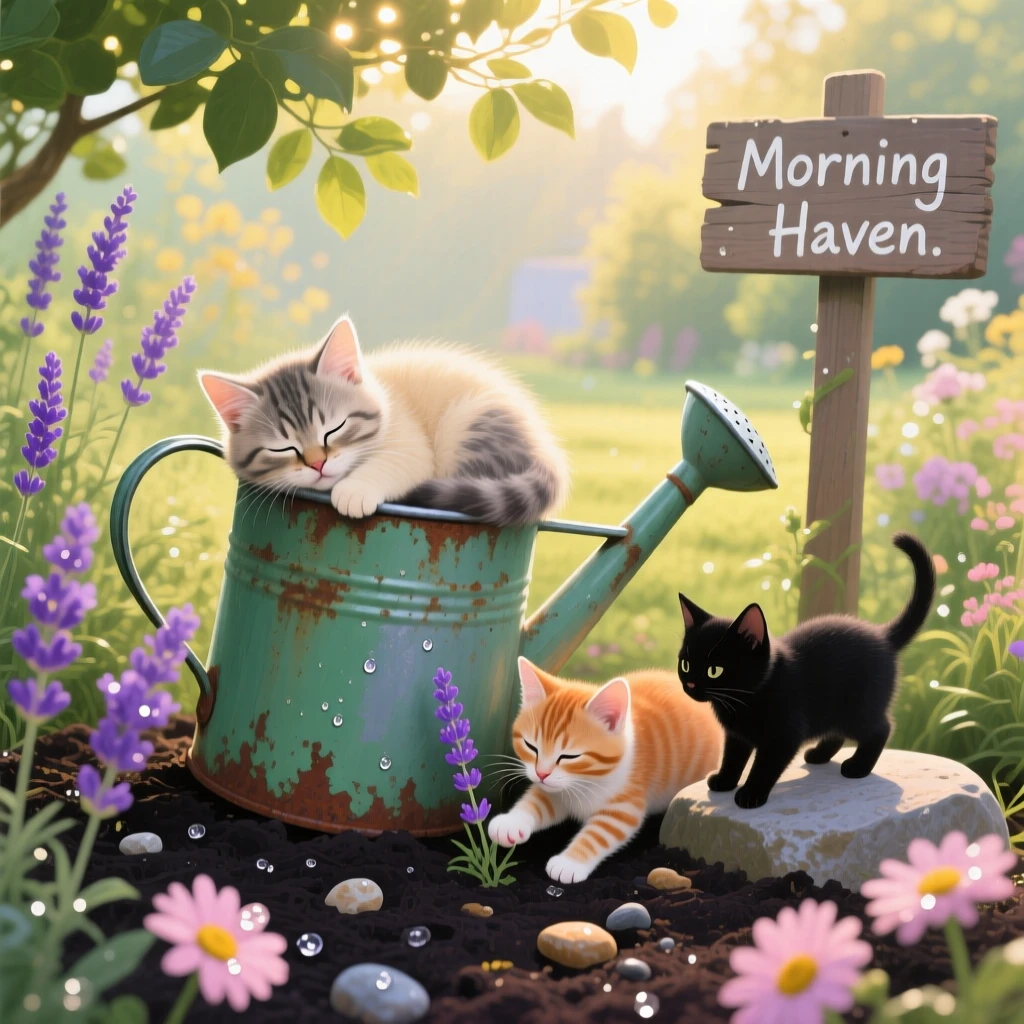 A sleepy kitten curls up inside a garden watering can, morning dew glistening on nearby flowers as soft light filters through, other members of its group visible nearby, reinforcing the social nature of the scene.