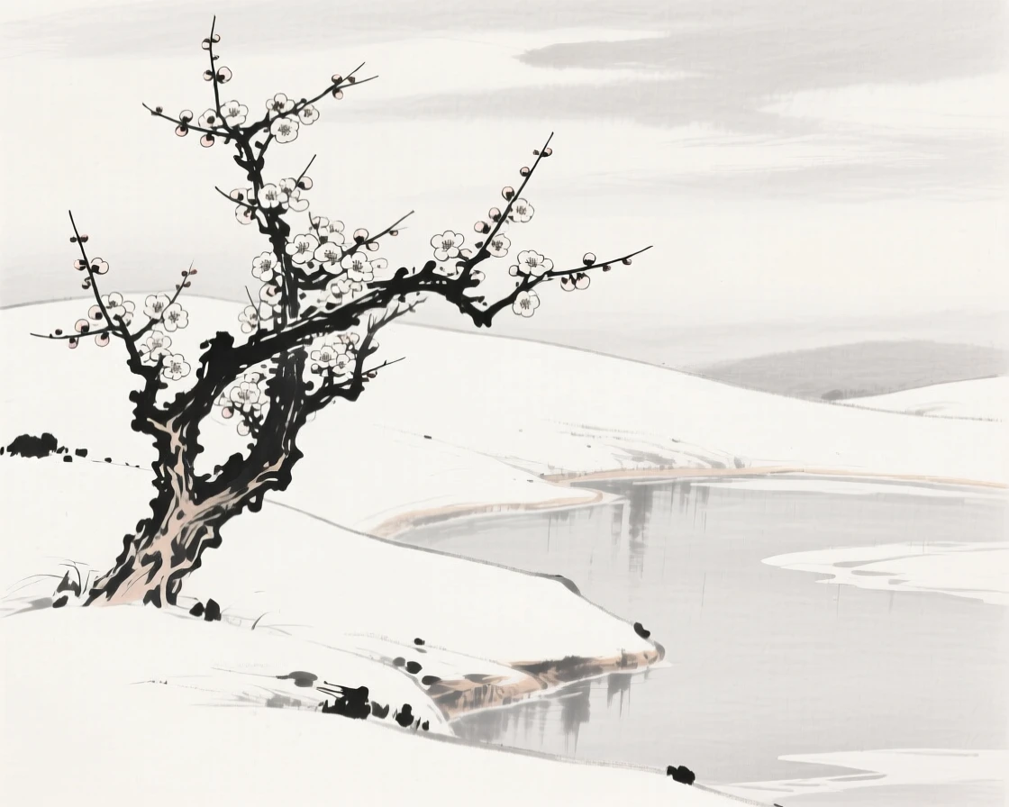 A gnarled plum tree in full bloom stands alone against a snowy hillside, beside a frozen pond reflecting the pale sky.