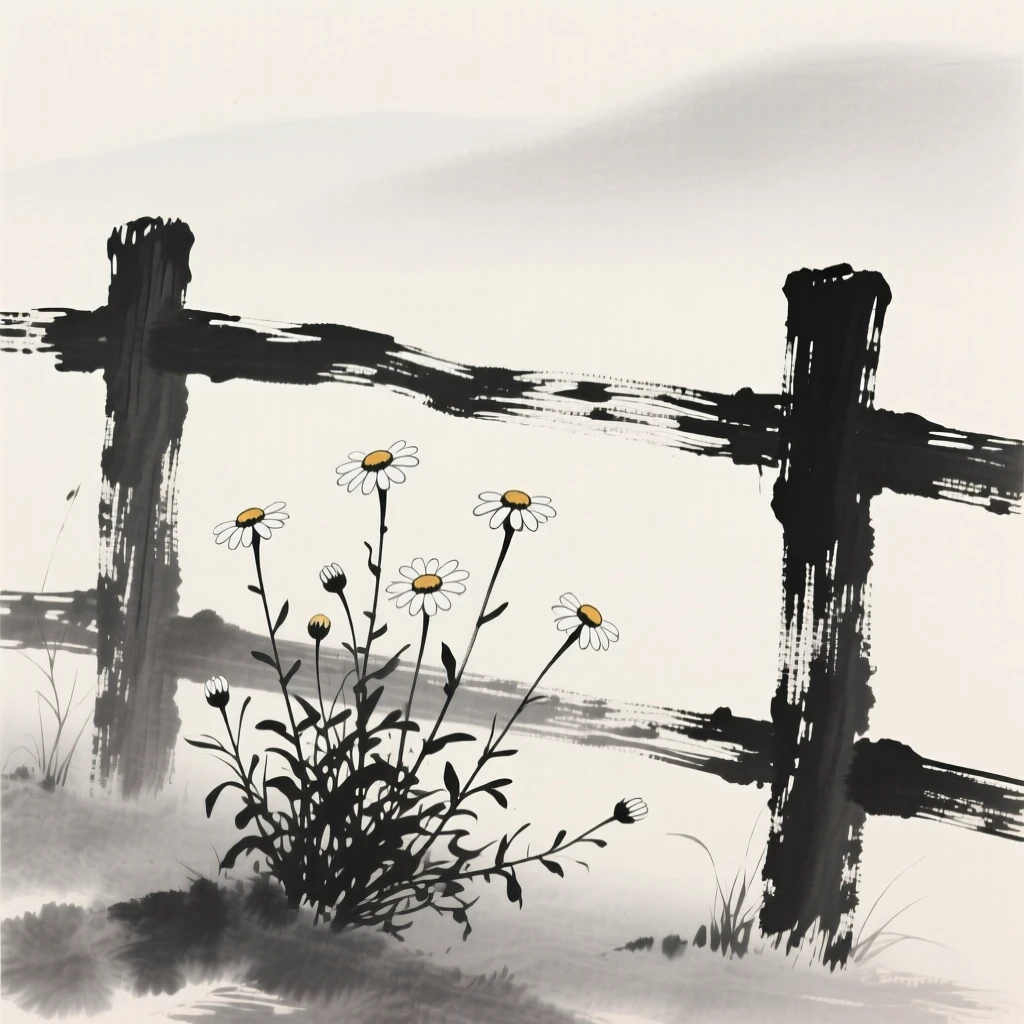 A patch of wild daisies beside a weathered wooden fence, set against a soft gradient of misty background, evoking quiet elegance and simple grace.