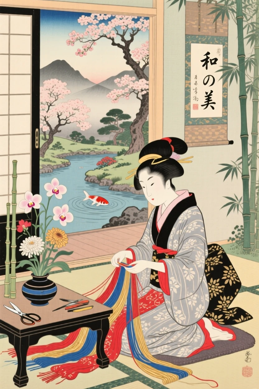 An ikebana flower arranger weaving colorful threads into cloth.