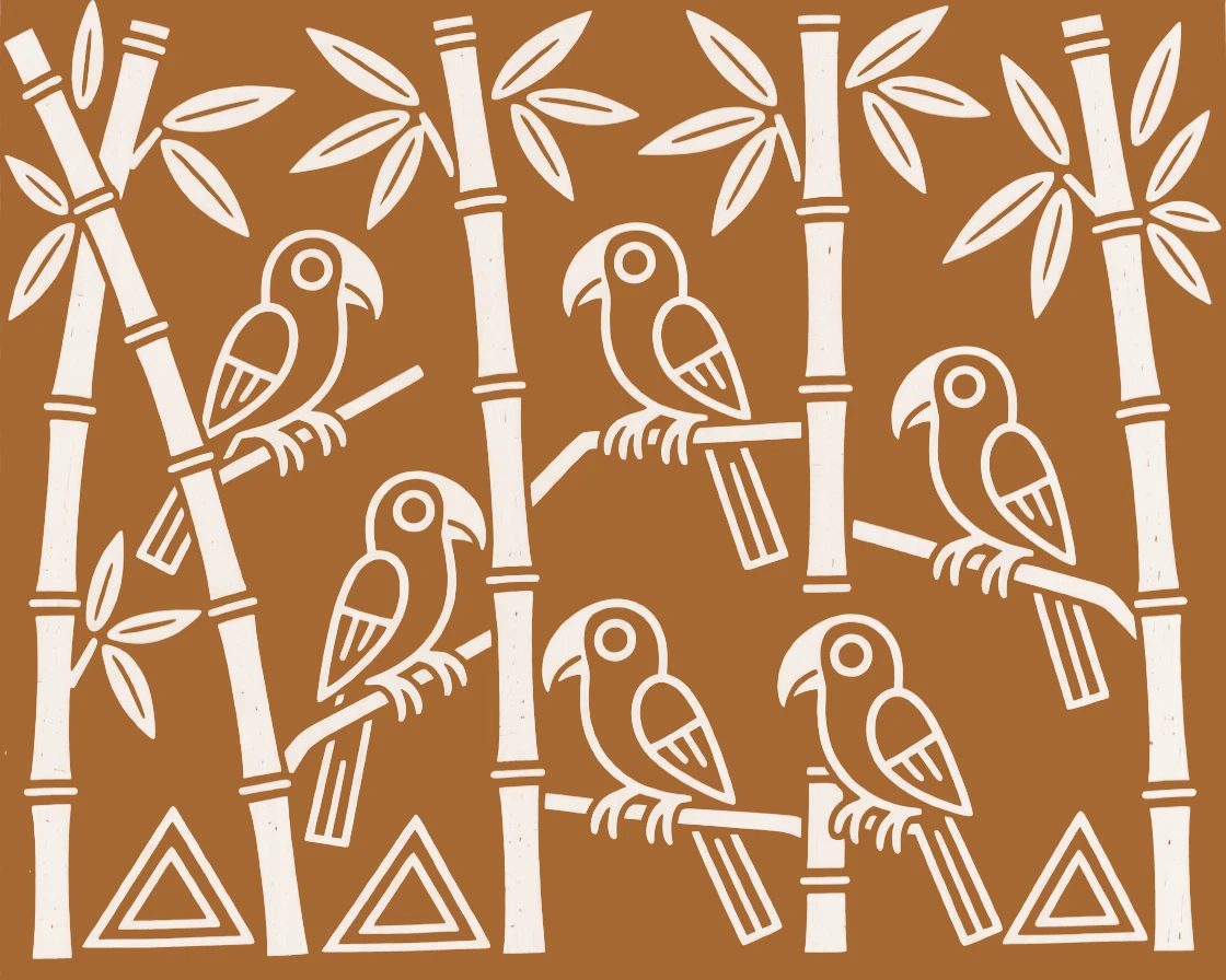 A flock of parrots resting in a bamboo thicket.