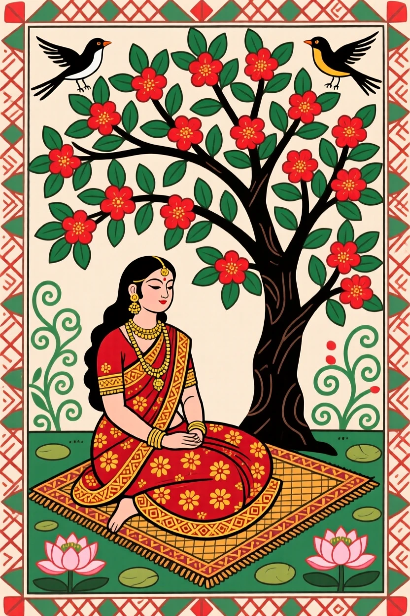 Sita seated beside a blooming ashoka tree in quiet contemplation.