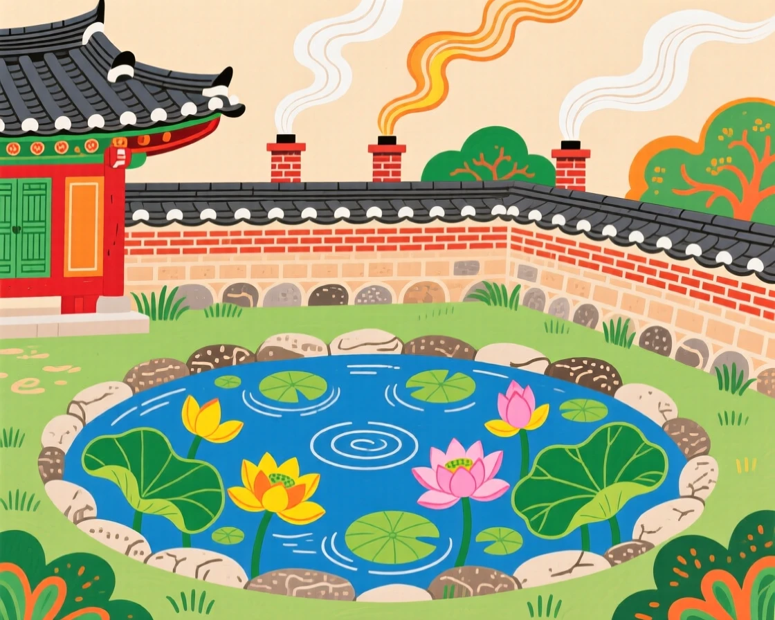 A view of a walled garden with a lotus pond, with smoke rising gently from chimneys.
