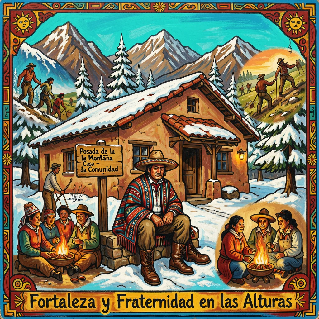 A traveler resting at a mountain lodge surrounded by snow