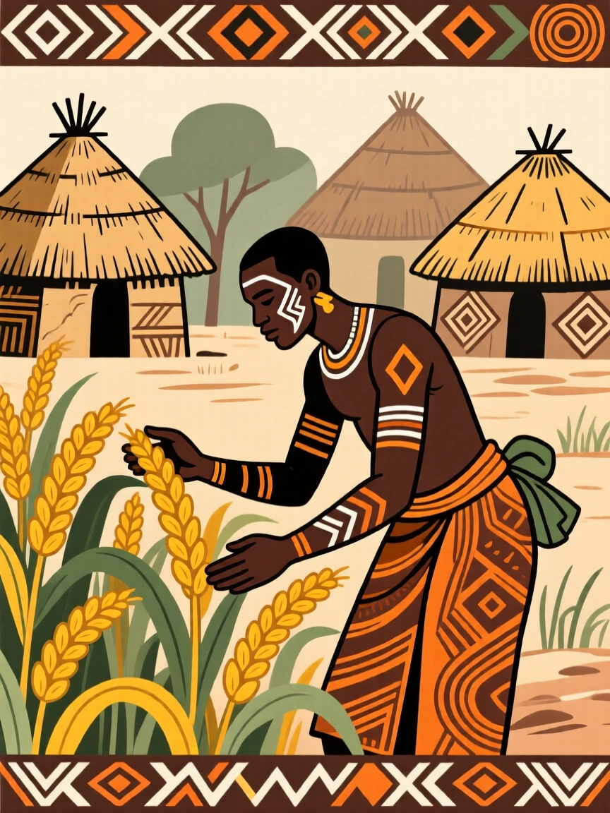 A farmer inspecting his ripening crops near a cluster of thatched huts.