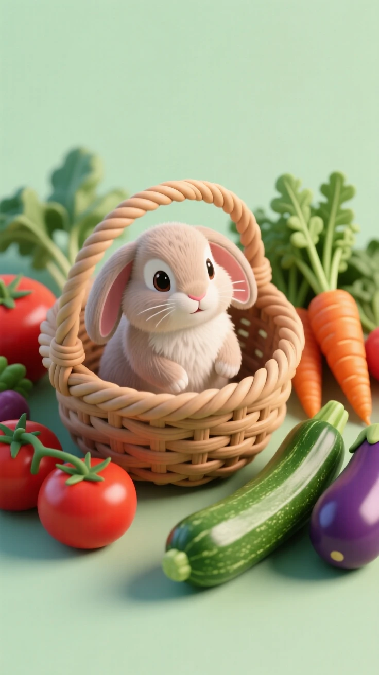 A fluffy lop-eared rabbit sitting in a basket surrounded by fresh vegetables from a garden harvest.