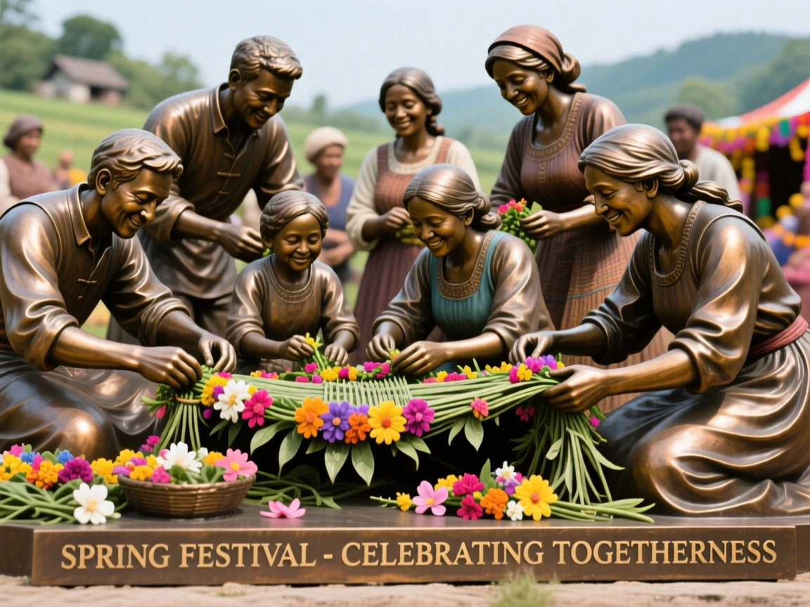 Villagers weaving flower garlands for a spring festival, capturing a powerful sense of togetherness, celebrating shared human joy