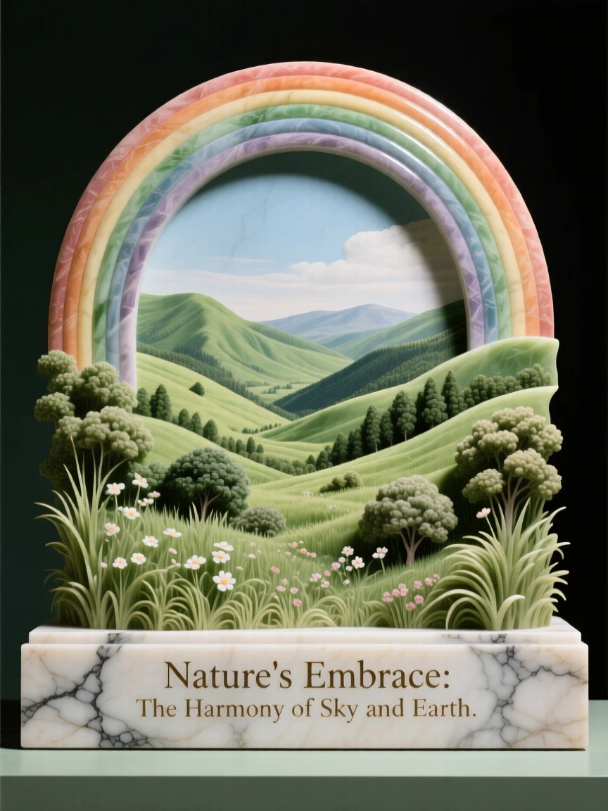 A sweeping, cinematic composition of a rainbow arching over a green valley, capturing the raw beauty of the natural world