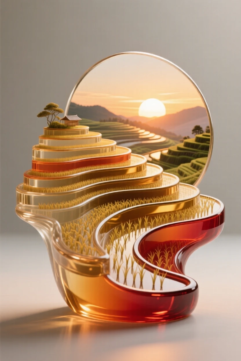 Terraced rice paddies at sunrise bathed in the warm glow of sunset, rich saturated colors, evoking a deep sense of wonder.