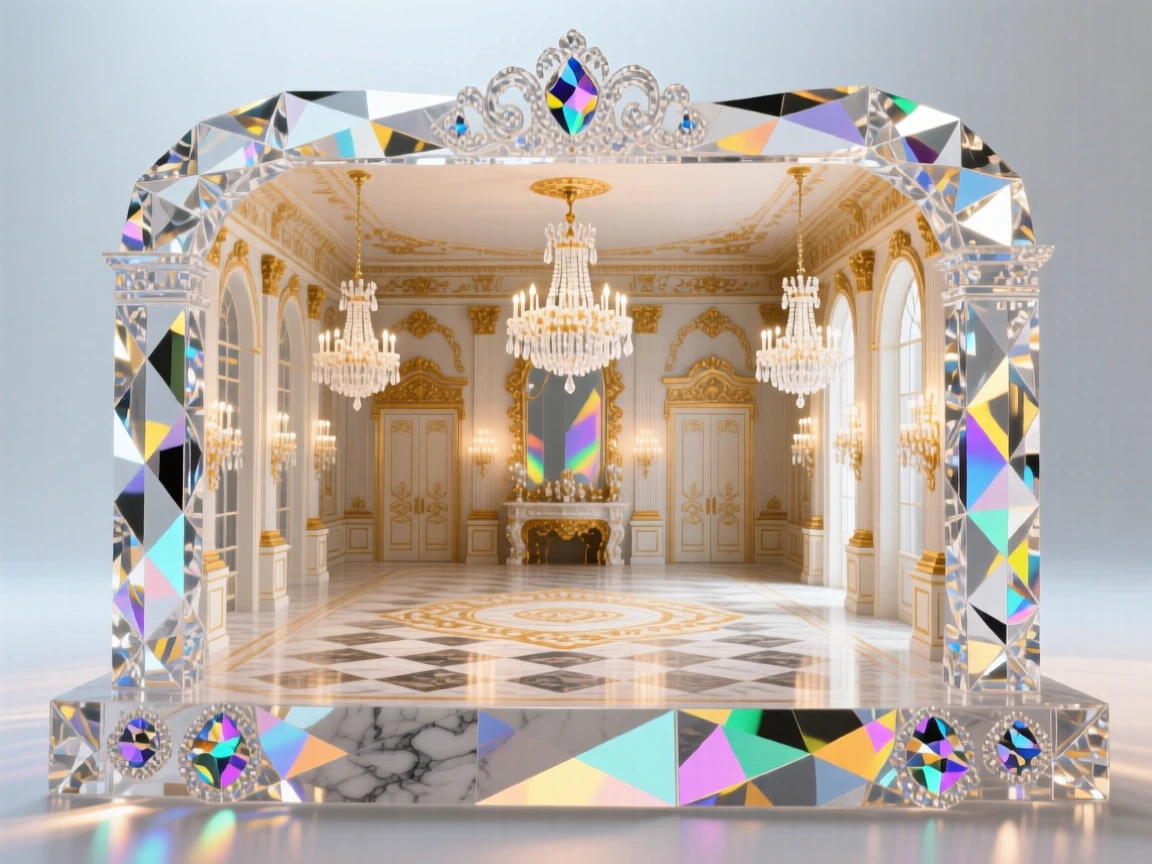The interior of a grand ballroom with crystal chandeliers and marble flooring reflecting golden light.