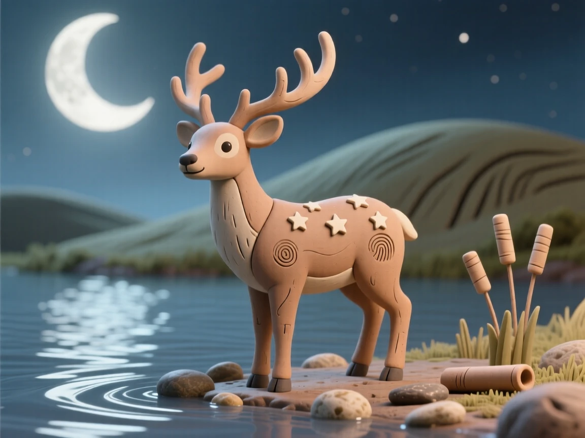 A star-touched stag standing at the edge of a moonlit lake