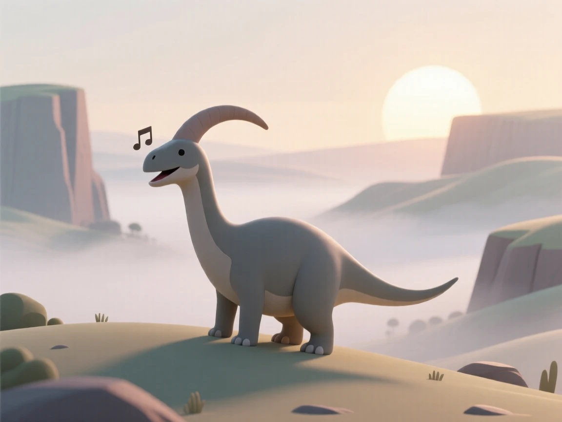 A gentle Parasaurolophus honks a musical call across a misty prehistoric valley at sunrise, echoing off distant cliffs.