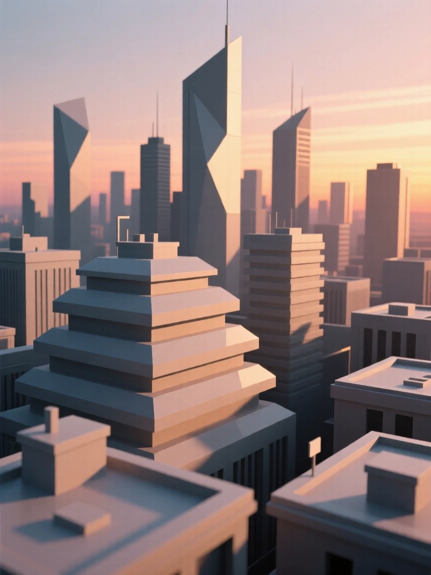 A futuristic skyline glowing at twilight, glowing warmly at sunset. the composition highlights layered rooftops and textures. The mood feels romantic and picturesque.