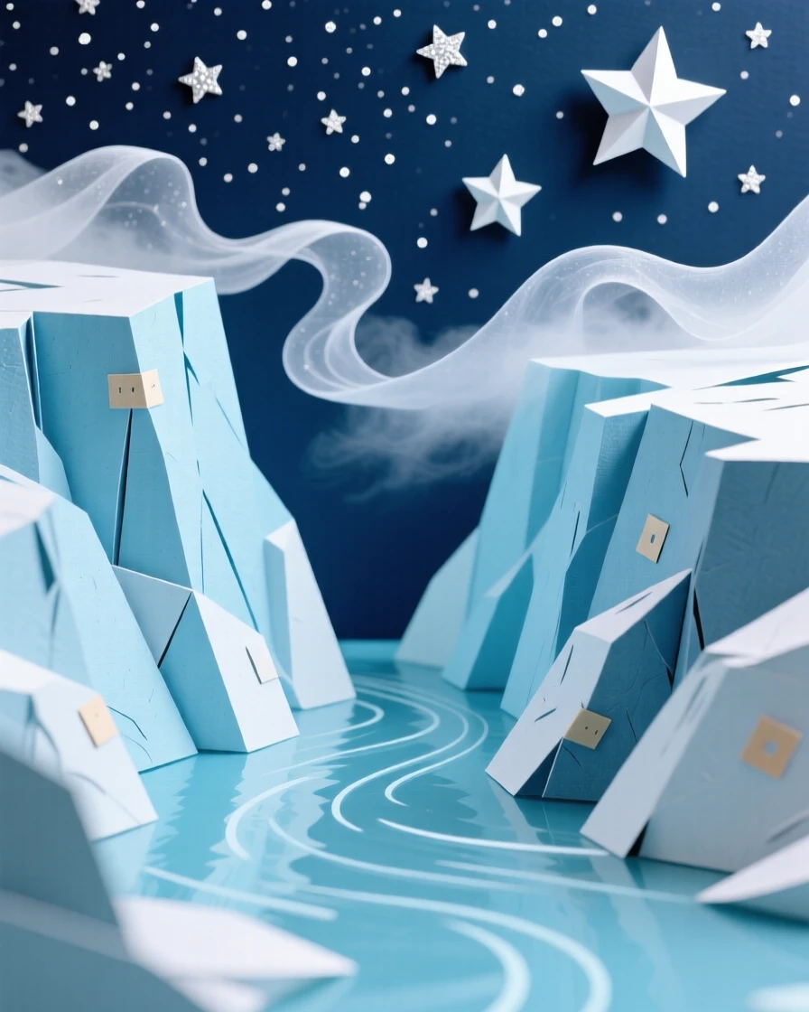 A glacier valley carved by ancient ice beneath a star-filled night sky, with mist curling low across the water, evoking a sense of untouched wilderness.