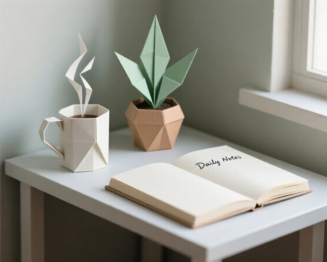 A quiet home office nook with a steaming mug, potted plant, and open journal on the desk.