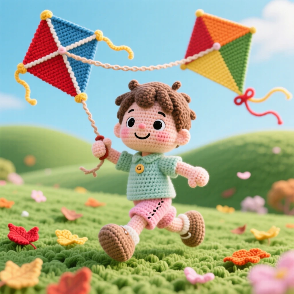 A festive scene of a small boy flying a kite on a breezy spring afternoon, running joyfully across a green field within a rolling hillside blanketed in fresh snow; a scattering of fallen leaves or petals nearby, radiating festive excitement and shared celebration.