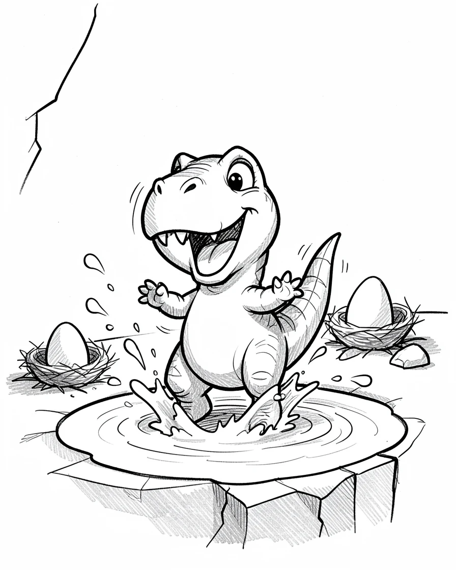 A young dinosaur splashing in a puddle beside nesting grounds on a cliff.