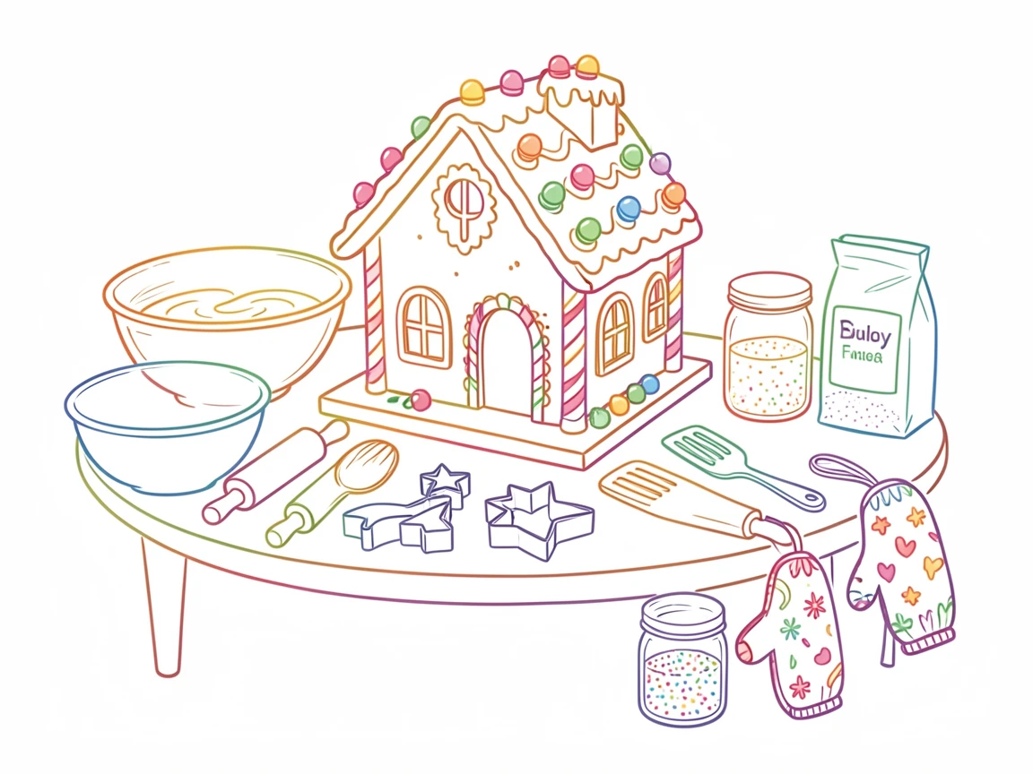 A gingerbread house display table surrounded by holiday baking supplies.