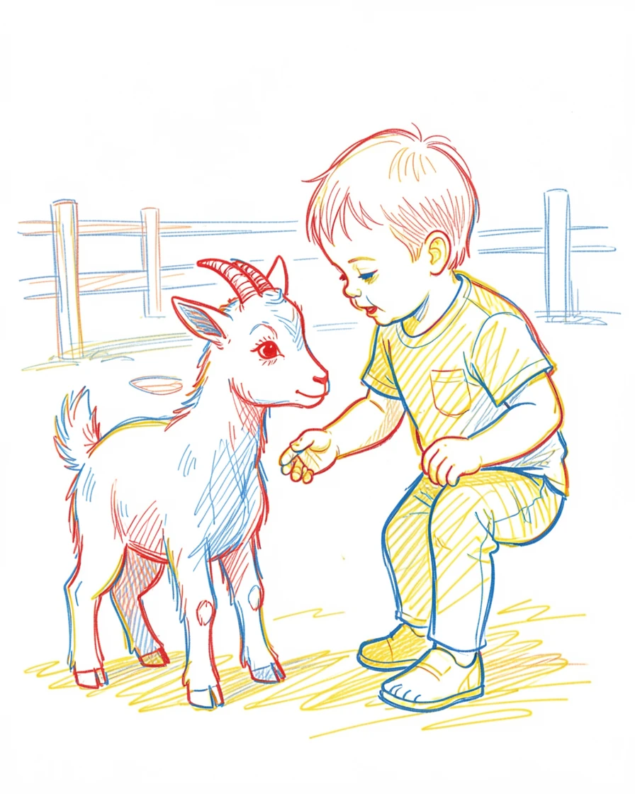 A toddler feeding a baby goat at a petting zoo