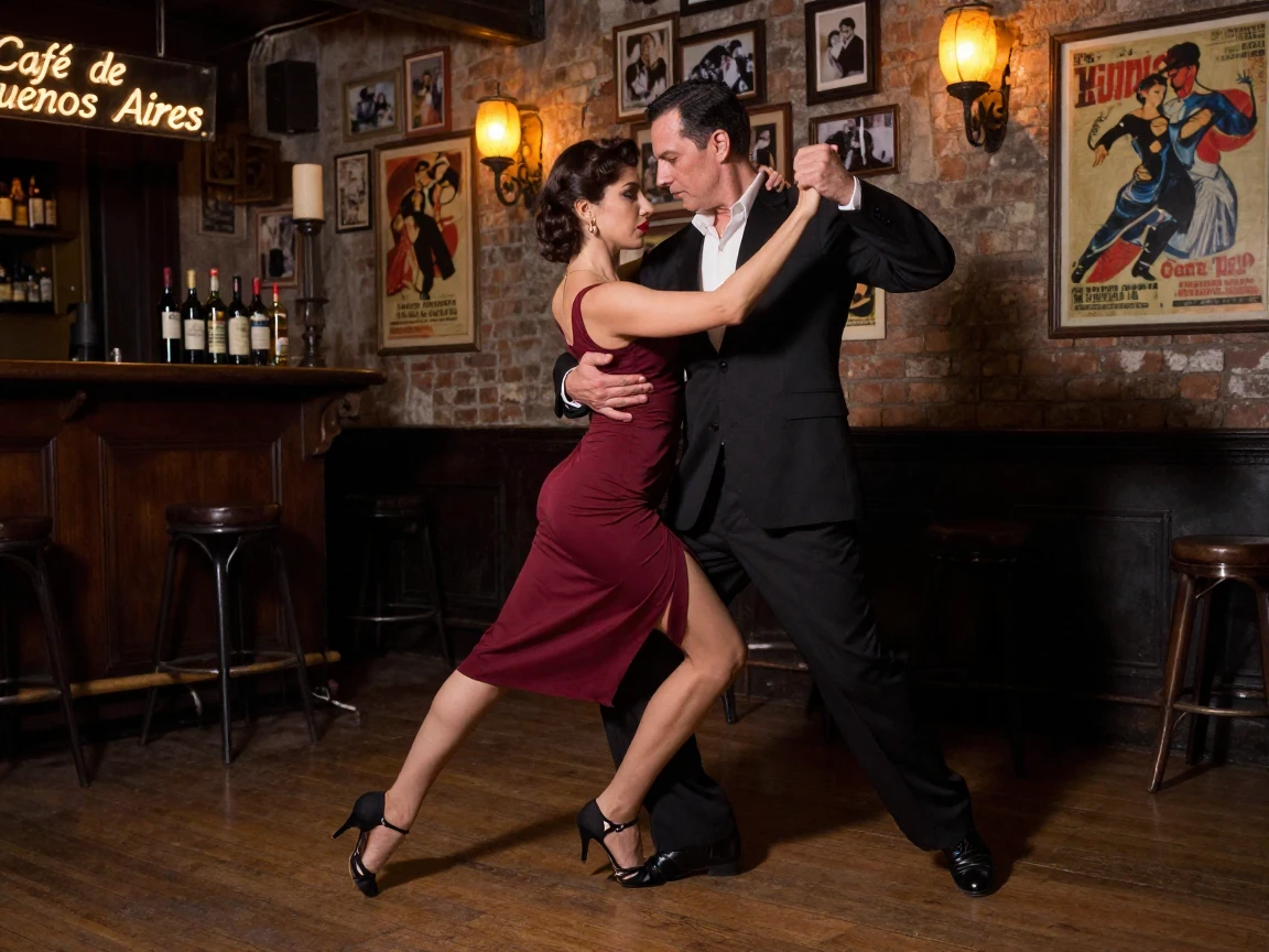 A tango couple dancing passionately in a dim Buenos Aires bar