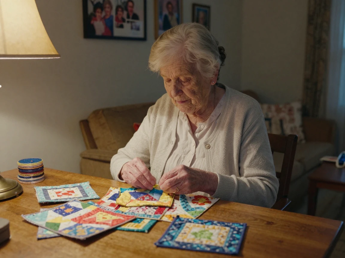 A grandmother sews a quilt square by square over many quiet evenings.