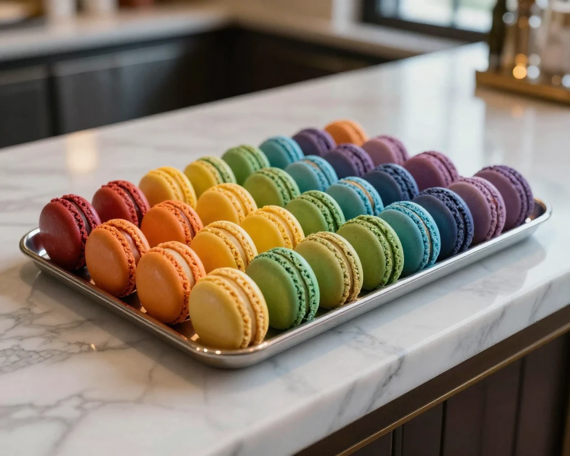 A tray of colorful macarons arranged like a rainbow on a marble counter