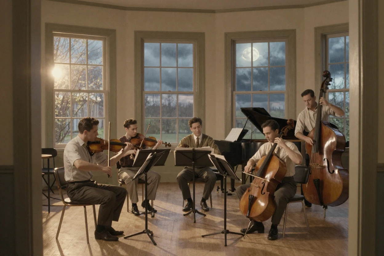 A group of musicians rehearsing in a sunlit rehearsal hall, under moonlight, under a darkening storm sky, in early spring, with a soft sepia-tinted glow, framed through an open doorway.