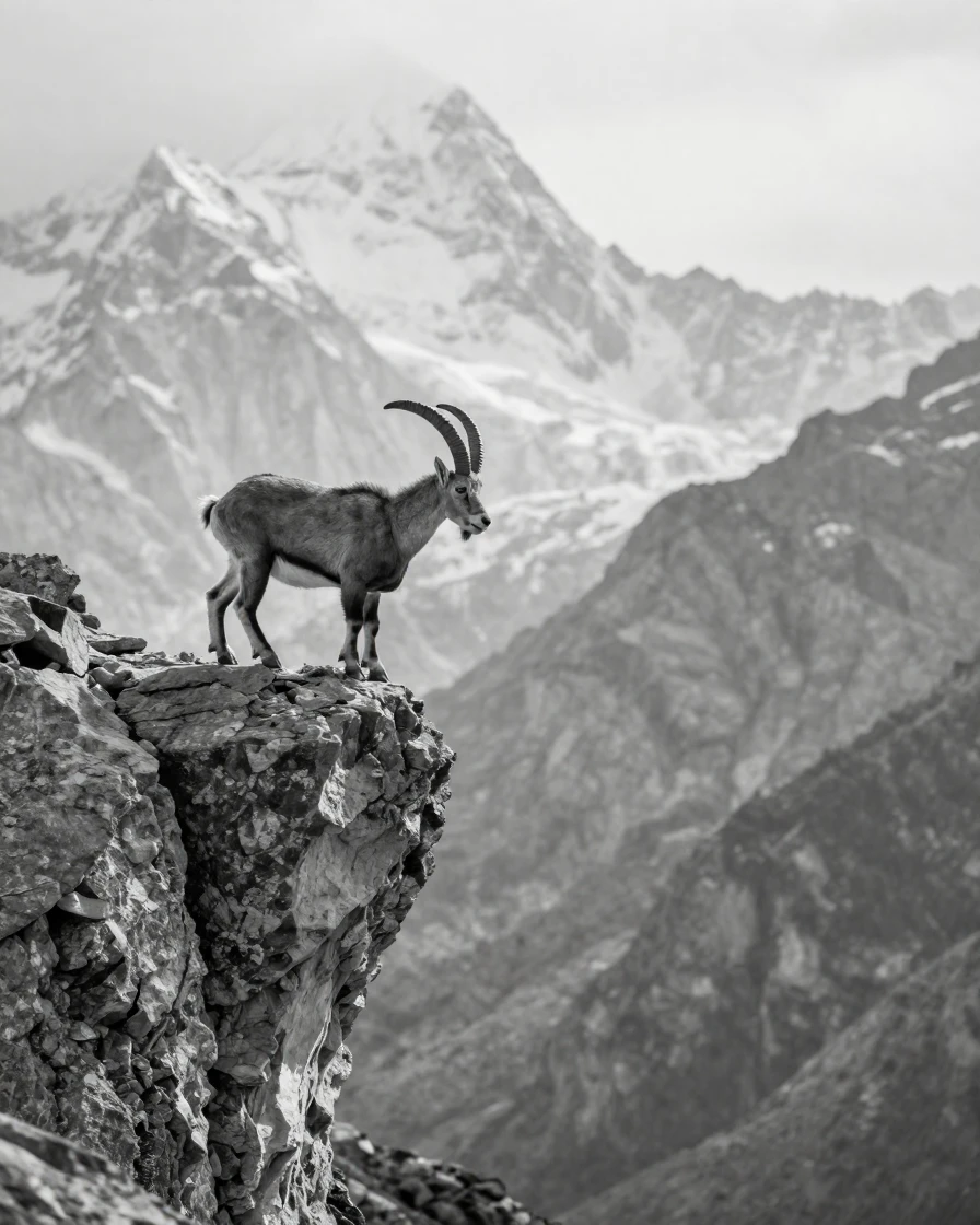 A mountain goat balances on a narrow cliff ledge high in the Himalayas.