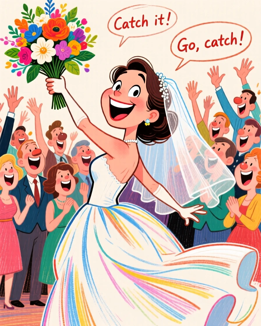 A bride throwing her bouquet backward into a crowd of excited guests.