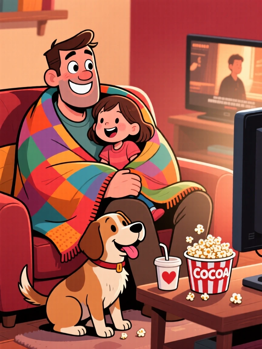 A heartwarming scene of a father and his daughter piled onto one couch watching a movie under a shared blanket, with a loyal family dog weaving between their legs.