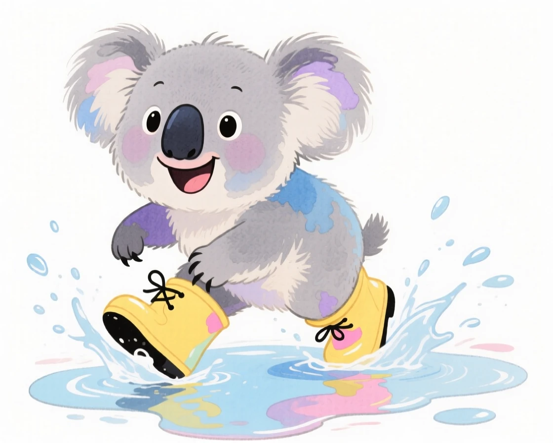A koala cub wearing tiny rain boots and splashing in puddles