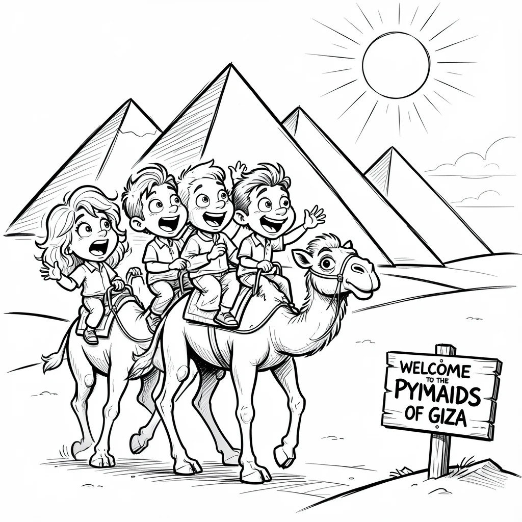 [Travel & Cultural Experiences] Vivid travel scene of a family visiting the pyramids of Giza on camelback, full of wonder and adventure