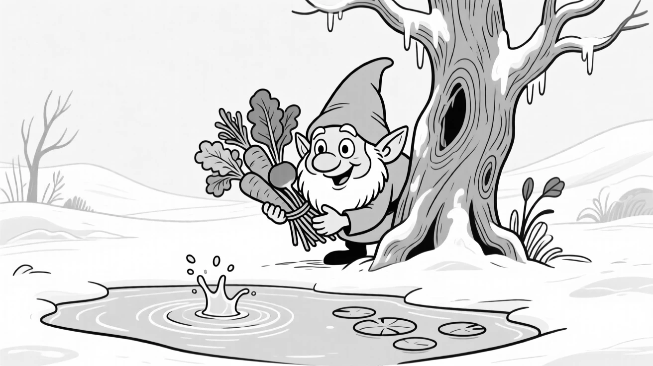 A mischievous gnome sneaking off with garden vegetables, ducking back behind the tree after being spotted, set in a frostbitten arctic valley. Lily pads ripple from the sudden splash. It feels like a page pulled from a beloved fairy tale.