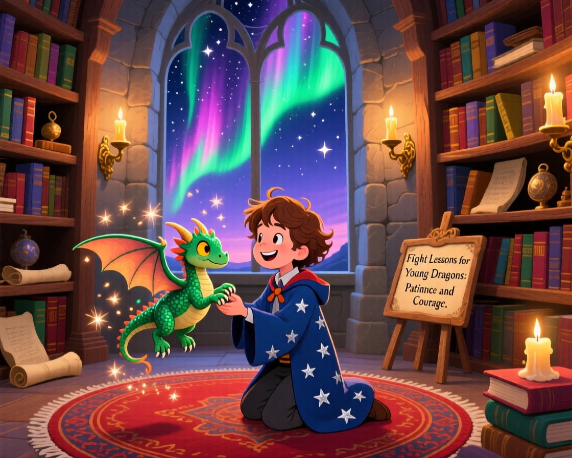 In an ancient library tower, a young wizard apprentice discovers a moment of wonder while training a baby dragon to fly, as the northern lights ripple overhead.
