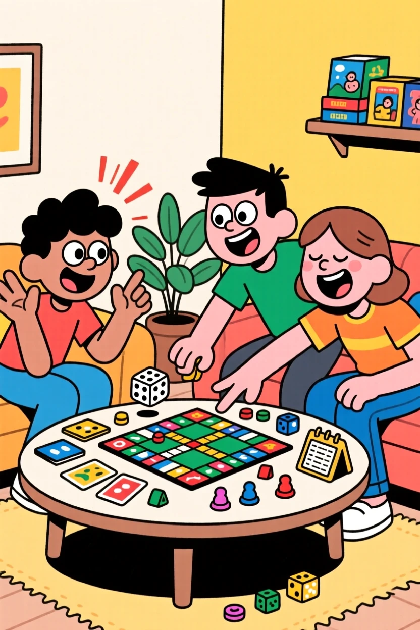 Friends playing board games together around a coffee table.