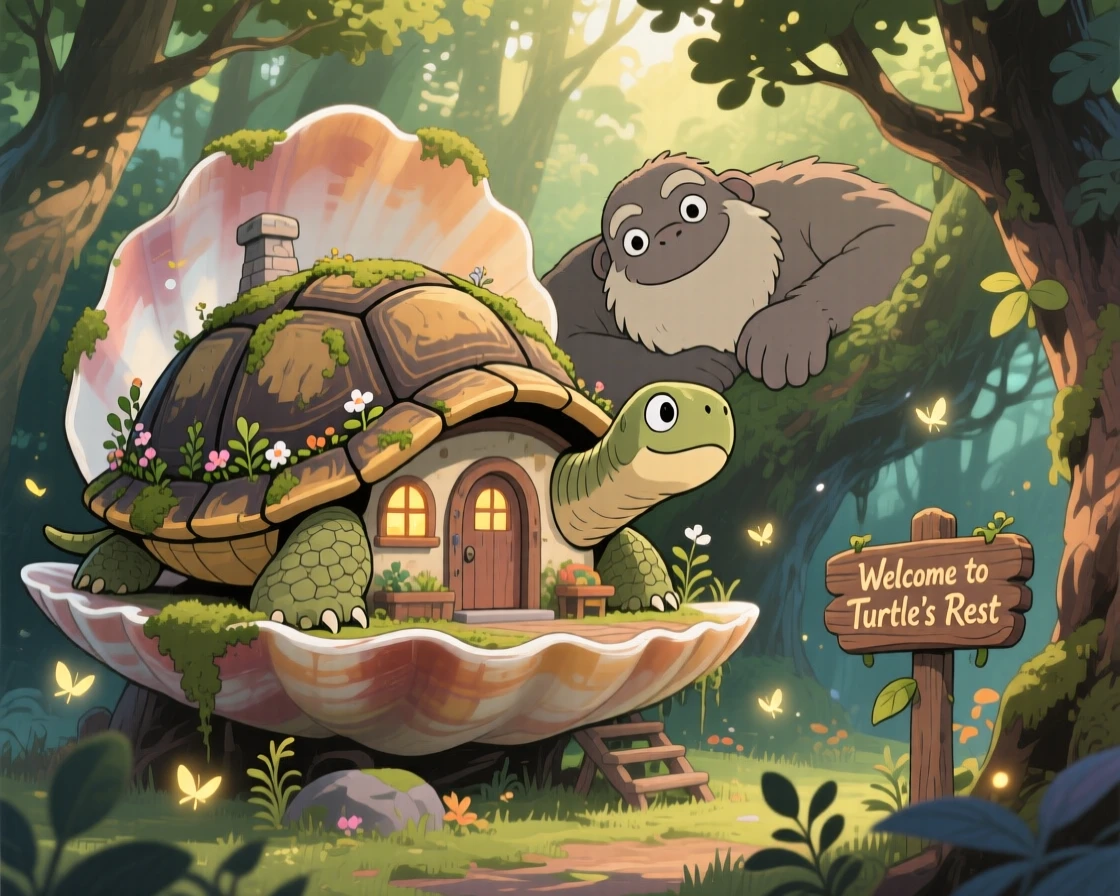 A cottage perched on the back of a giant turtle, where a gentle giant resting among the treetops can be seen nearby, the atmosphere mysteriously beautiful.