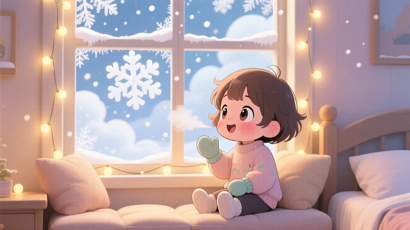 A small child watching snow fall from a warm window seat in a softly lit bedroom beneath fluffy drifting clouds; warm fairy-light glow washes over the scene as bubbly enthusiasm fills the moment. Waist-up portrait.