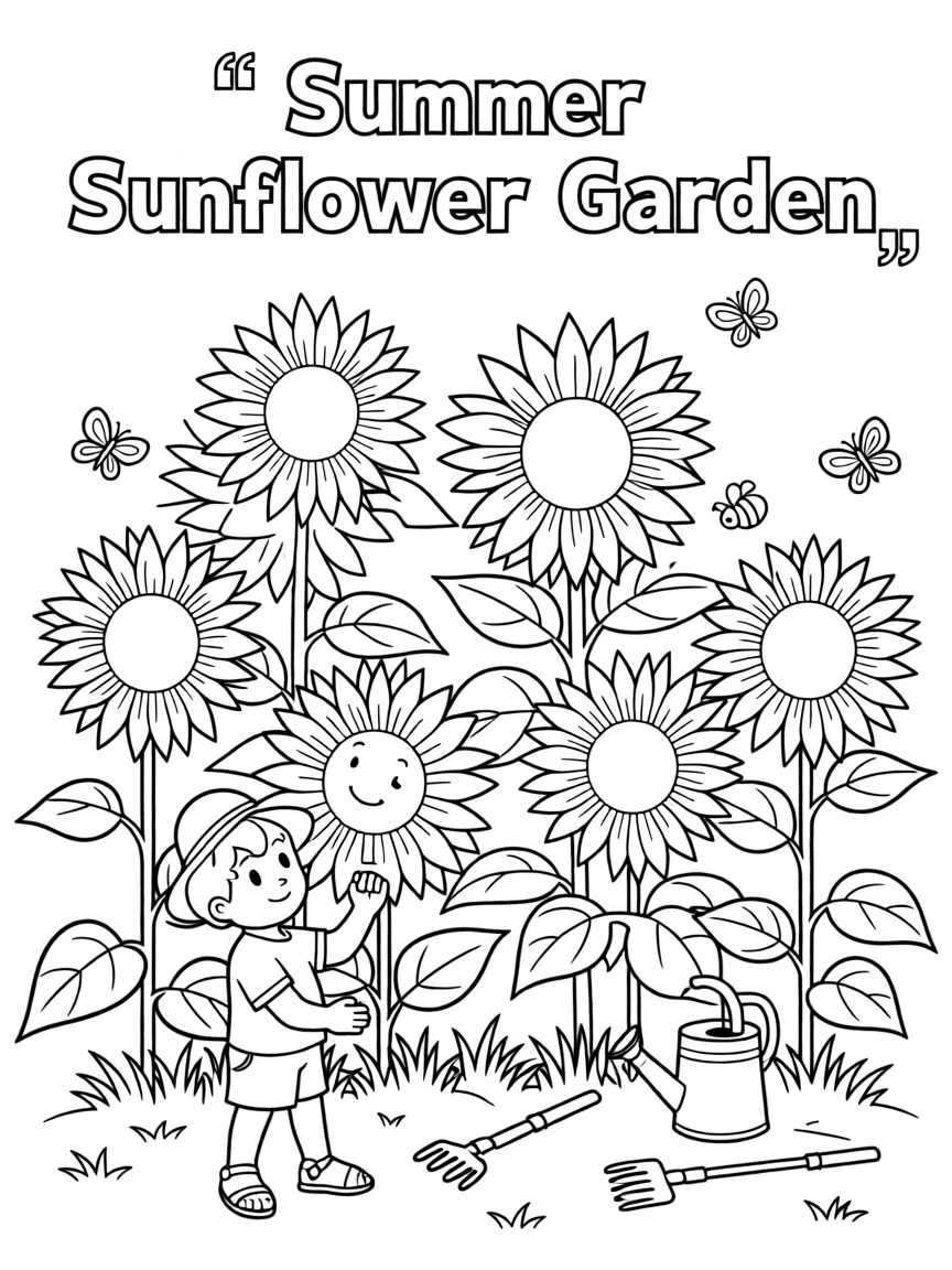 A summer garden bursting with blooming sunflowers