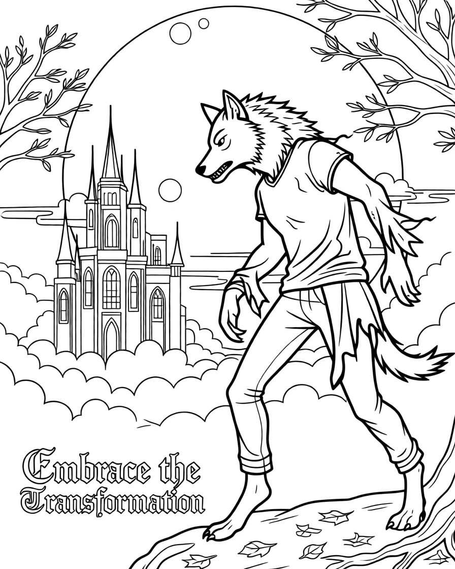 A shapeshifting werewolf mid-transformation under a full moon, with an ancient castle rising in the misty distance.