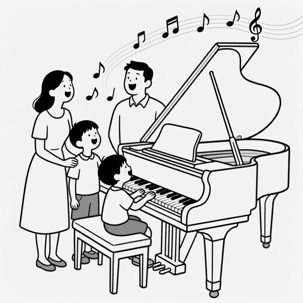 A family gathered around a piano singing together