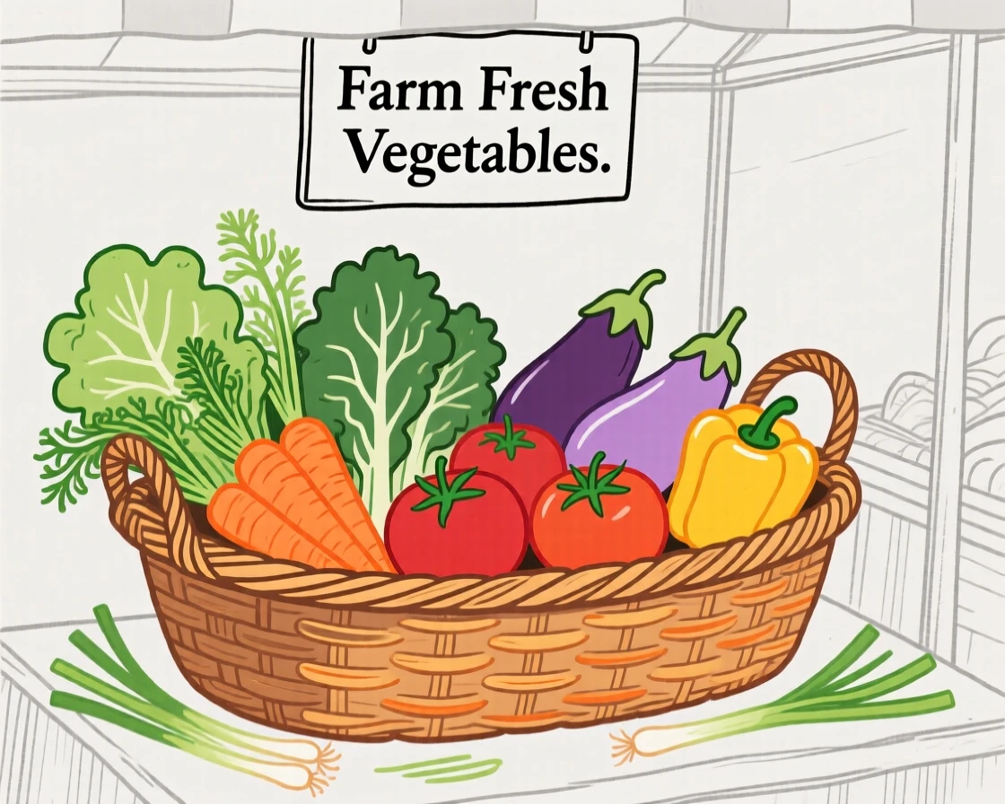 A basket of farm-fresh vegetables at a market stall.